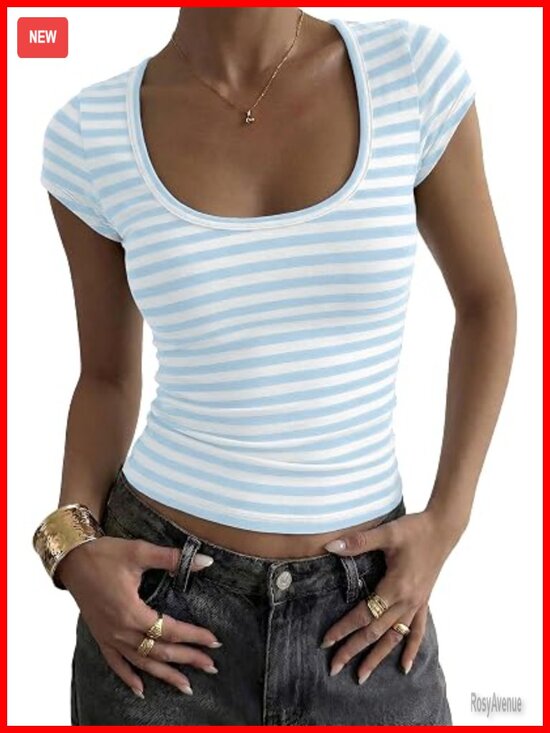 Tops - Color Block Striped Crop Top Short Cap Sleeve Scoop Neck Fitted Cropped Tshirt